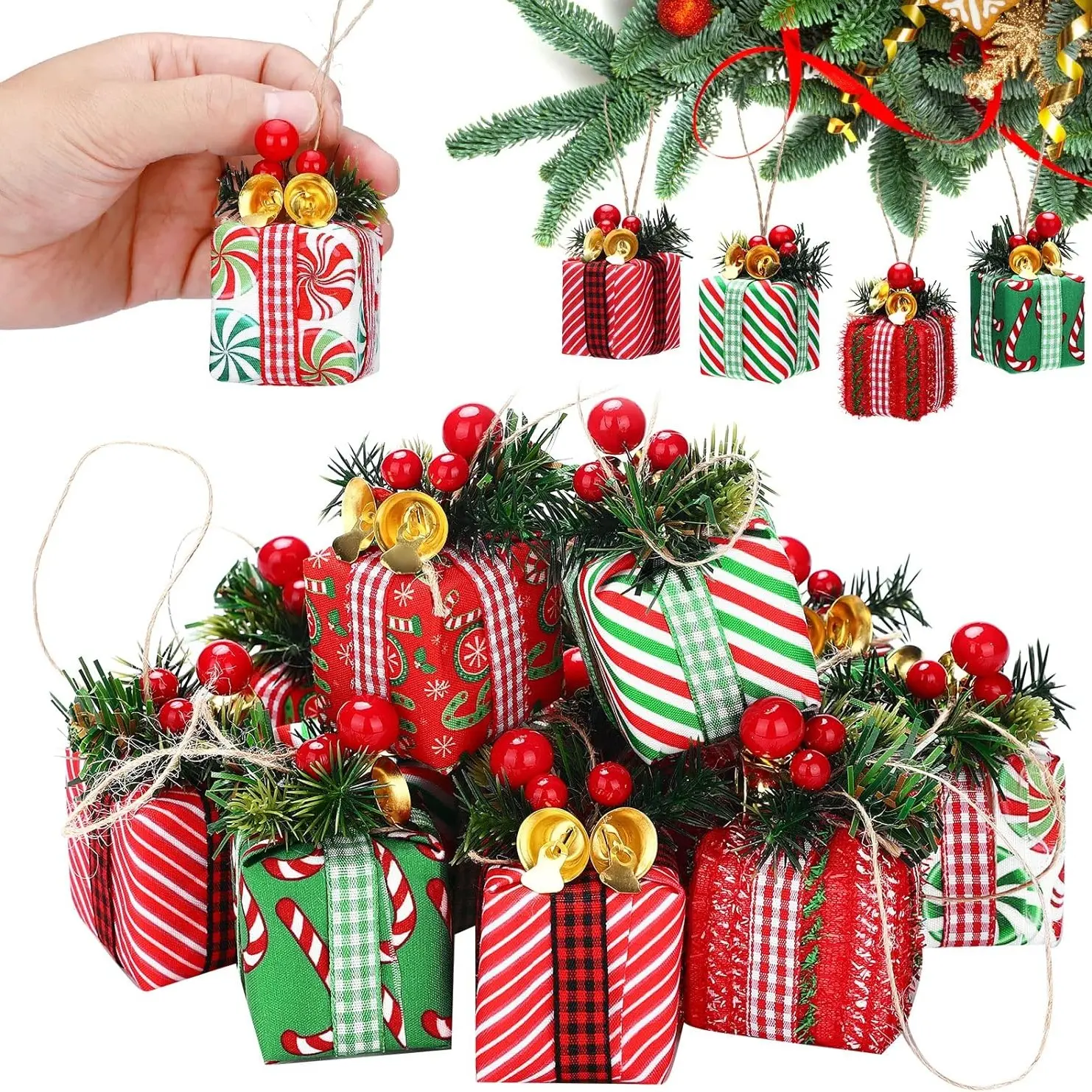 12 Piece Christmas Tree Gift Box Decorations, Mini and Santa Bags with Bells and Berries, Home Fireplace Party Supplies