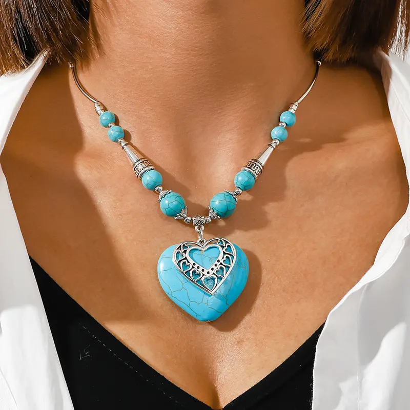 Turquoise Heart Pendant Necklace Silver Chain Blue Bead Statement Lightweight Feminine Bohemian Daily Wear Special Occasion Perfect Gift Women Girls Versatile Fashion Jewelry Accessory Elegant Romantic Stylish