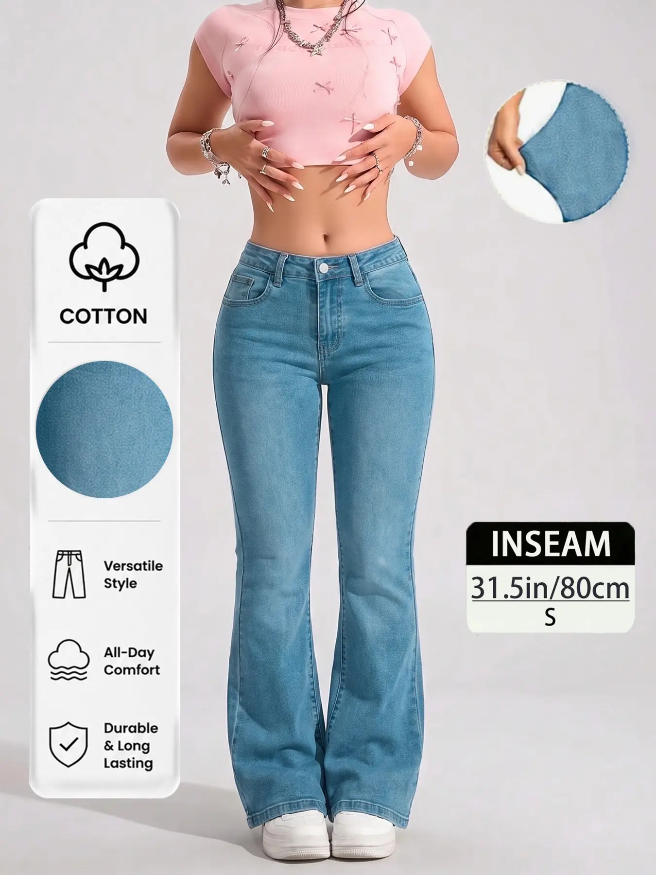 Trendy Low Rise Flared Jeans for Women, High Stretch Denim Trousers, Slim Fit Spray Stone Wash Light Wash, Casual Street Style Summer Pants, Elegant Chic Daily Wear, All Seasons Bottoms