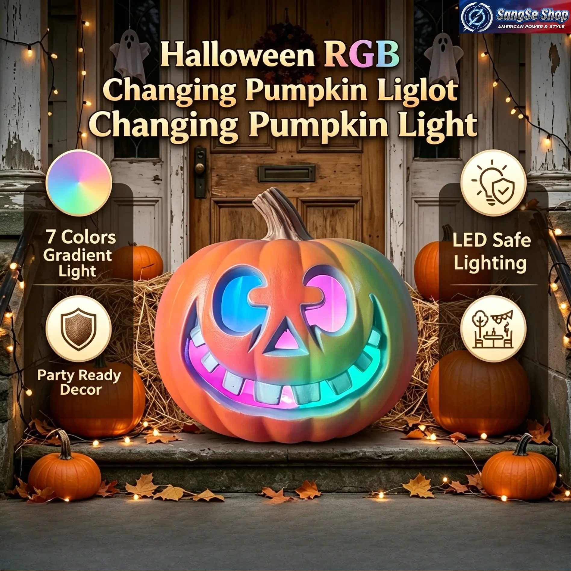 Large Hollow Carved Pumpkin Lantern with Color Changing LED Lights, Retro Spooky Indoor Outdoor Halloween Decor for Home, Porch & Parties, Trendy Retro, Carved Face, Pumpkin Shape