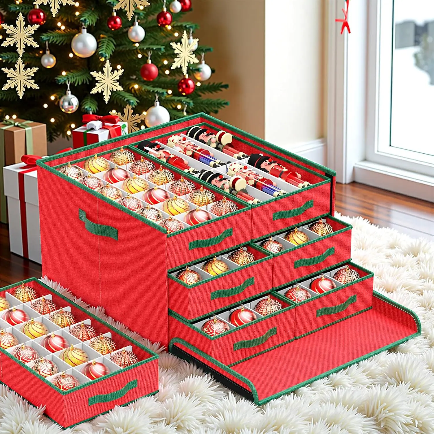 Littleox Christmas Ornaments Storage Box 108 Count-4", 16“Nutcracker & Figurine Box, Adjustable Holiday Ornament Organizer with 6 Separate Trays(Red)