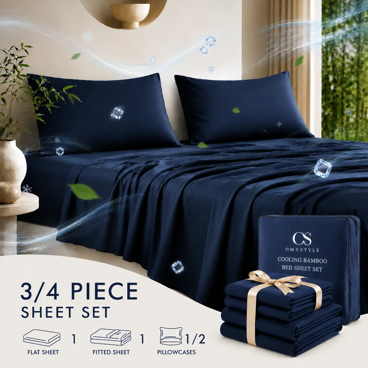 OS OMYSTYLE 3/4 Pcs Cooling Bamboo Bed Sheet Set, Ice-Cool Breathable Bedding for Hot Sleepers, Soft Moisture-Wicking Sheets with 16'' Deep Pocket, Includes Fitted Sheet, Flat Sheet and 1/2 Pillowcases, Fresh Summer Comfort, Kids, Children
