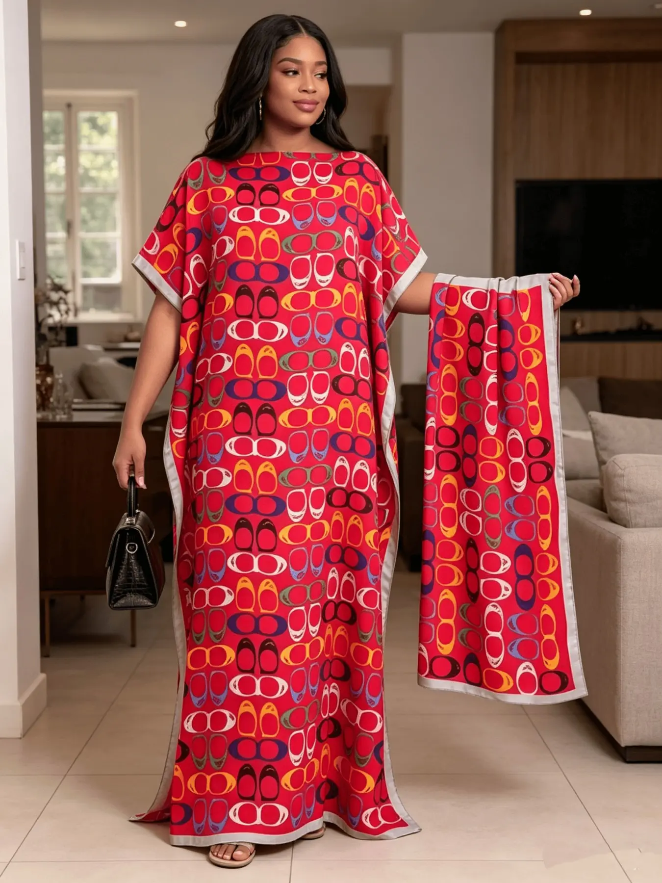 Red Base Colorful Oval Loop Print Kaftan Two Piece Set With Matching Scarf, Oversized Split Hem Maxi Robe, Soft Casual Loungewear Beach Night Dress, Fits Plus Size Curvy Figures