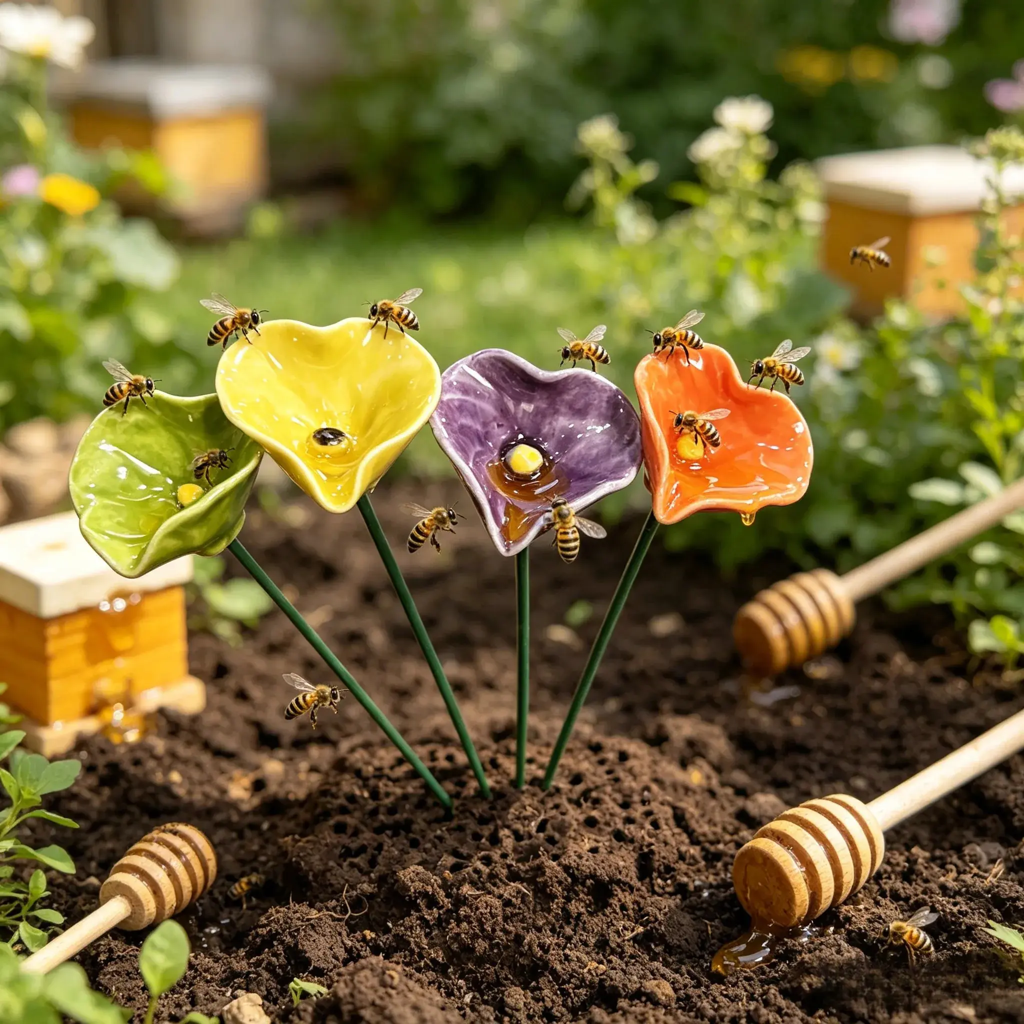 4pc Heart-Shaped Ceramic Bee Feeder Set, Crafted with Ceramic Artistry, Easy to Clean, Pollination, Butterfly and Bee Waterer, Bird Feeder Pole, Suitable for Indoor Decor, as well as Outdoor Garden, Courtyard, Patio, Balcony, and Pathway Decor