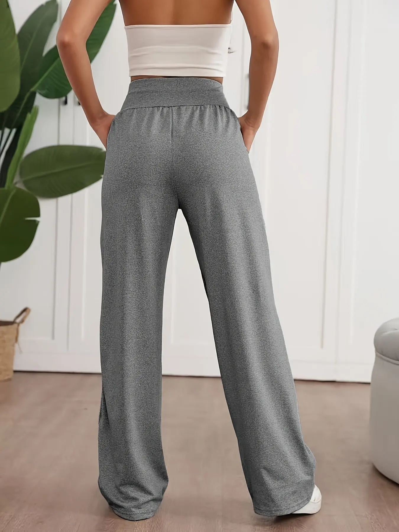 High-Waisted Wide-Leg Gym Sweatpants, Soft Elastic Loose Fit, Pocketed Casual Long Pants, Ideal for Yoga, Travel, Daily Wear
