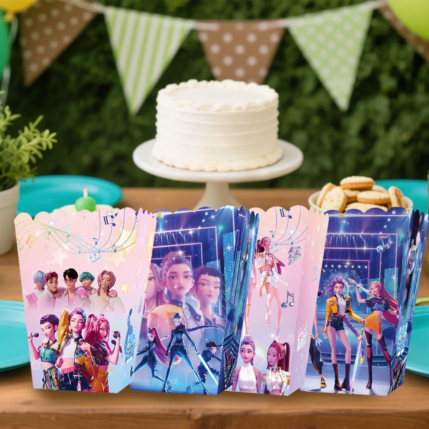 Korean cartoon girl group themed popcorn boxes, a set of 12 popcorn boxes, used to hold popcorn, candy, and snacks for guests to help themselves, neatly displayed to create a high-appearance-value party photo spot, highly practical
