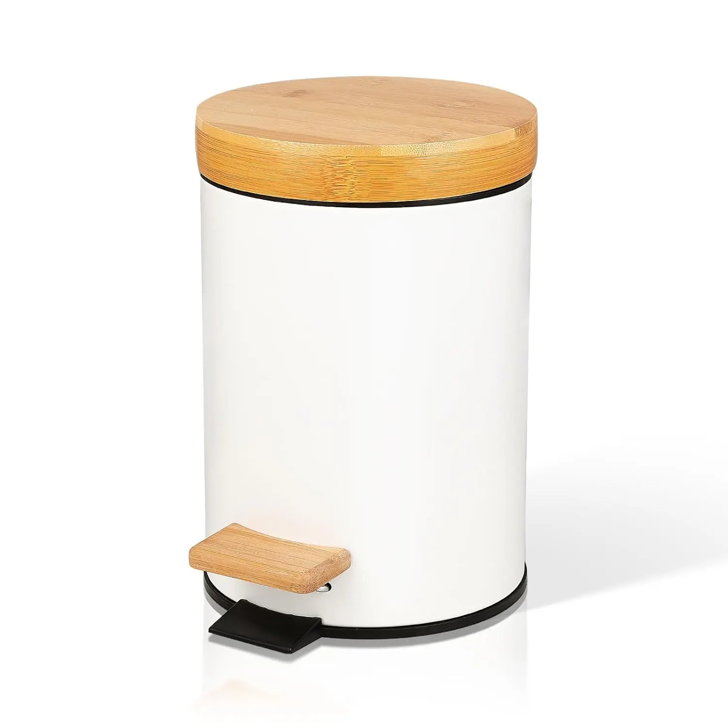 Small Bathroom Trash Can with Natural Bamboo Lid Soft Close,3 Liter / 0.8 GallonStainless Steel Garbage Can with Removable Inner Bucket andStep Pedal(White)
