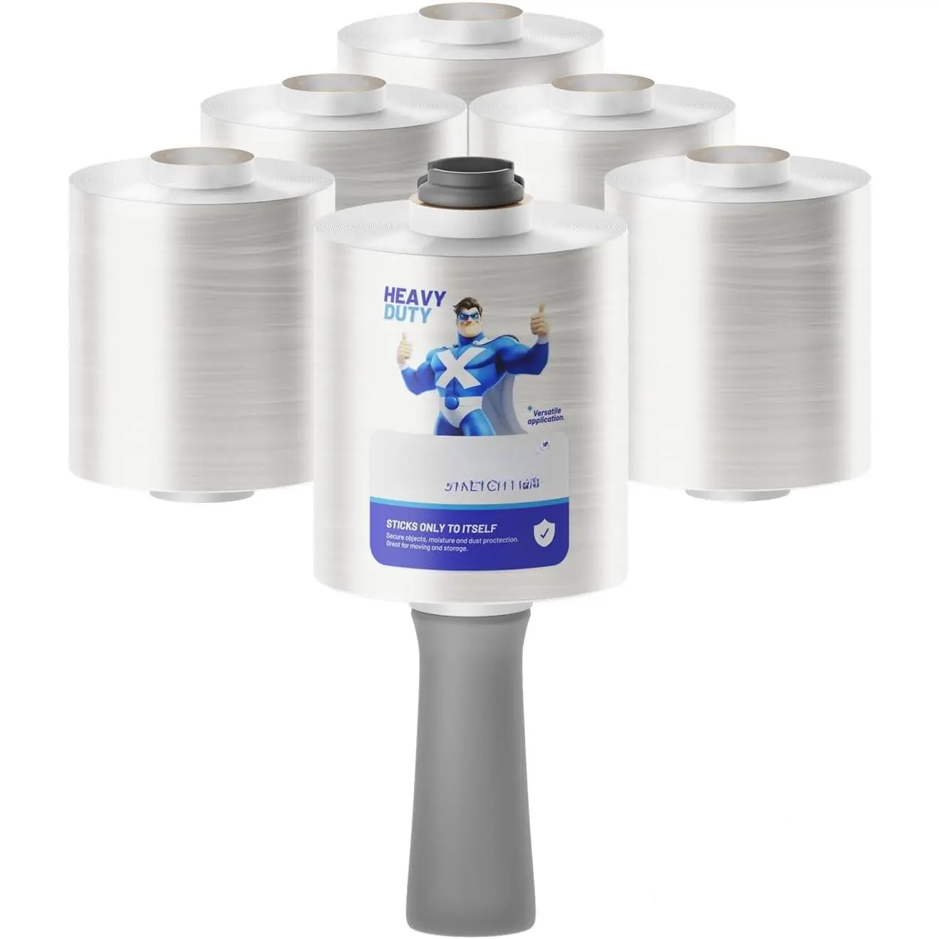 Professional Grade 4" x 800ft Stretch Film Shrink Wrap Roll - 80 Gauge Self-Adhering Plastic Wrap for Moving, Packing, Furniture (6 Rolls with 1 Handle)