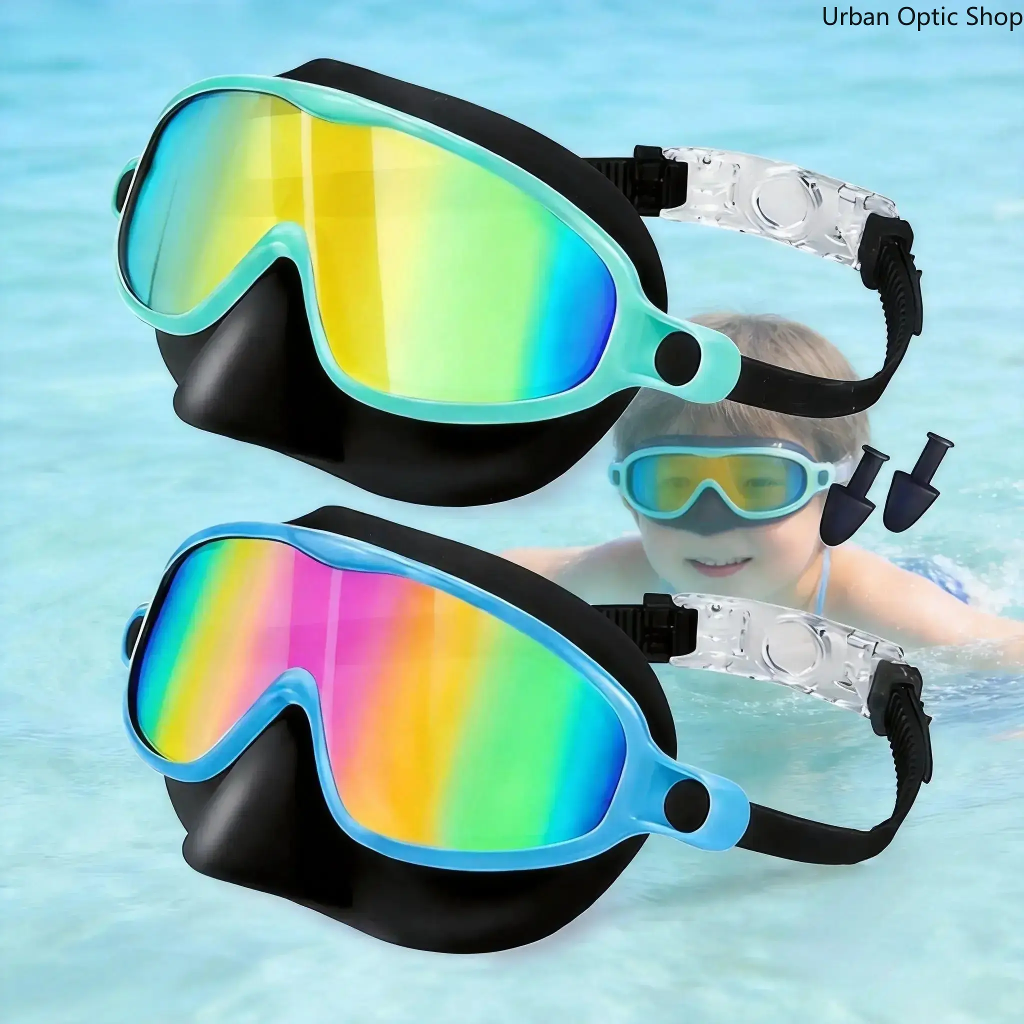 XUH 2-Pack Swimming Goggles with Nose Cover, Rainbow Mirrored Lenses, Leakproof Silicone Seal, Anti-Fog, UV Protective Goggles for Kids & Adults, Swimming Accessories