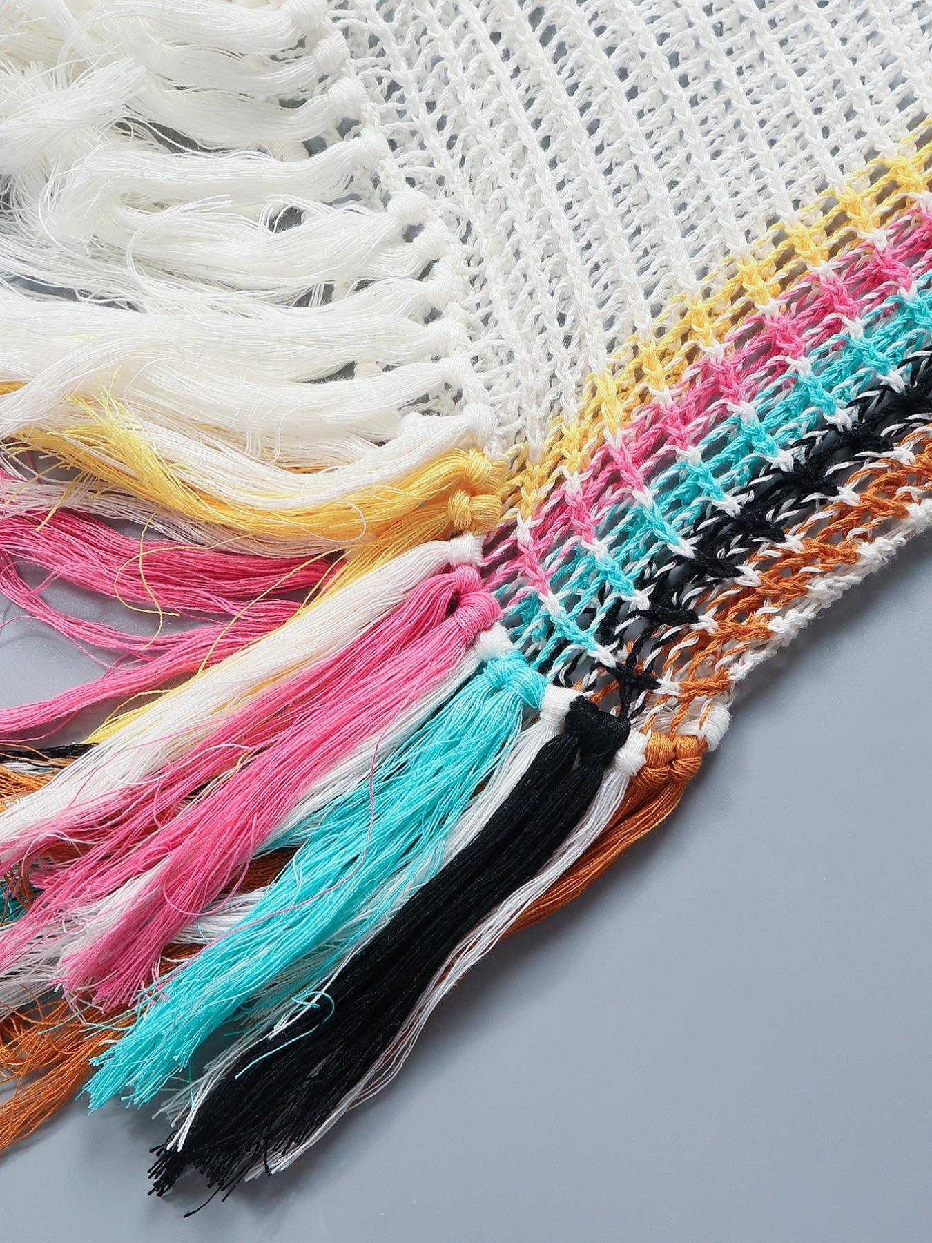 Plus Size Women's Striped Print Fringe Trim Hollow Out Split Thigh Sweater Dress, Plus Batwing Sleeve V Neck Cover Up Long Knitting Dress Swimsuit Cover Up Beach Cover Ups