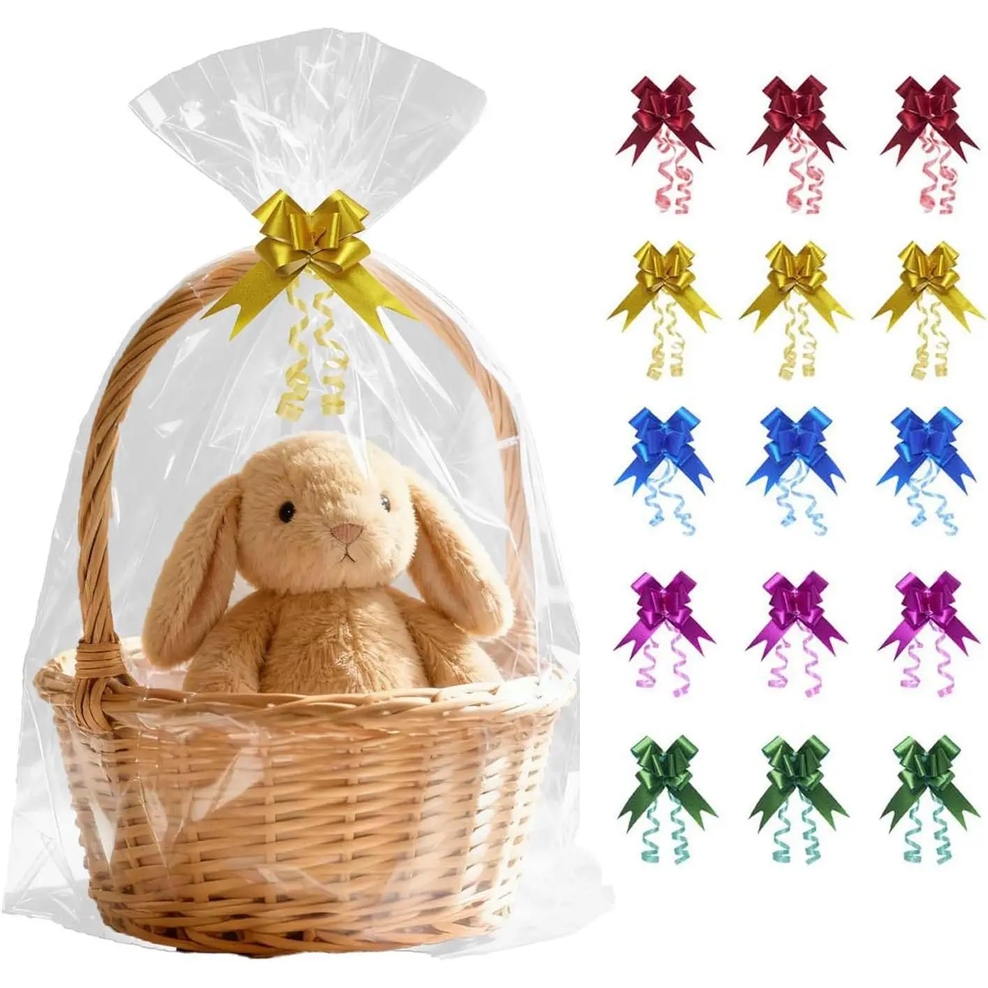 13 Pack Large Cellophane Bags, 30x40 Inch Cellophane Bags for  Baskets | Clear  Basket Wrap with 15 Colorful Pull Bows for  Showers, , and Charity Auctions