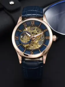 Men's Mechanical Watch with Roman Numerals, Leather Strap, Waterproof, Luminous, Casual Style, All Seasons, Round Face, Hardlex Glass