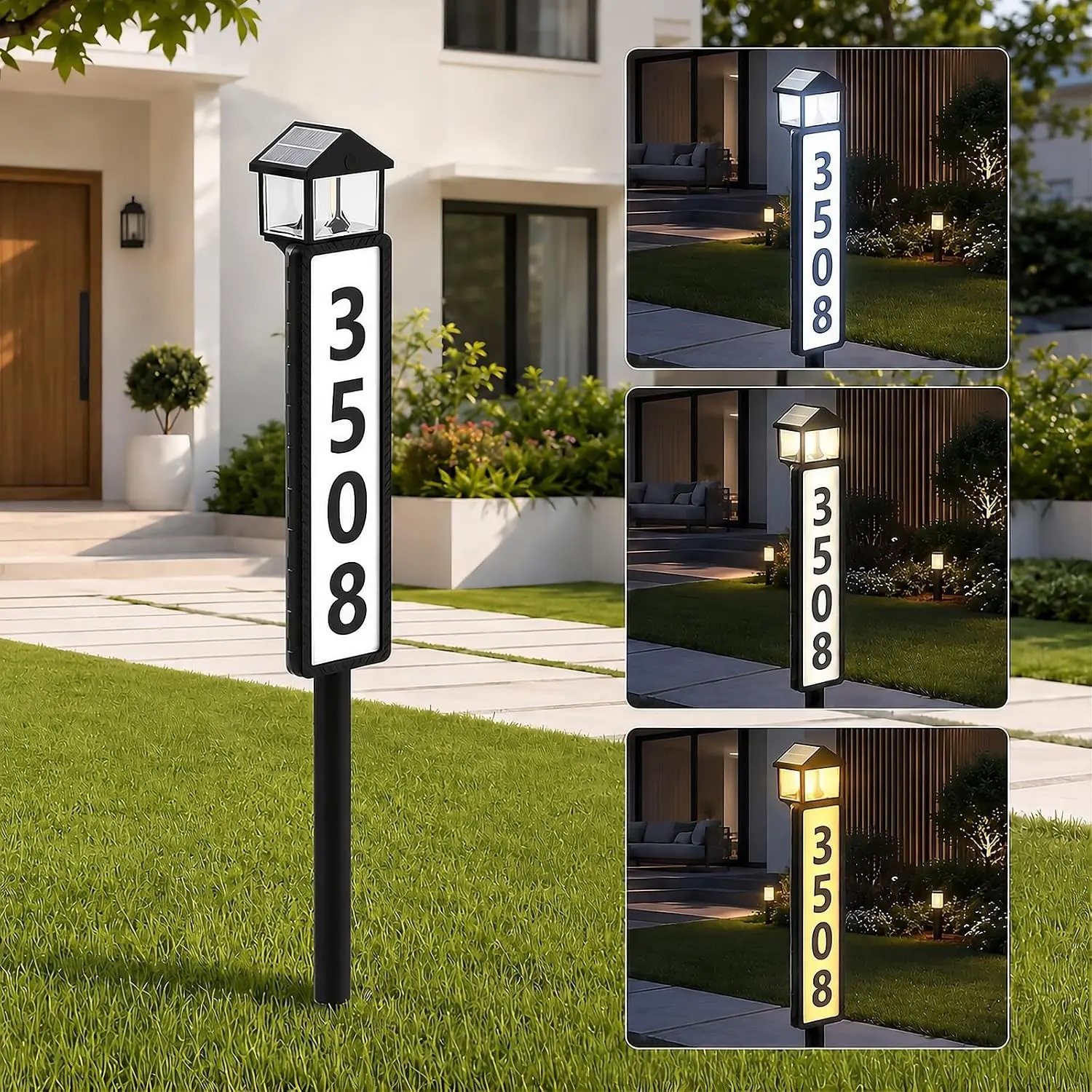Decorative Rechargeable Outdoor Solar Address Sign - Lantern-Style LED Lighted Address Num. Sign with Stake, 3 Lighting Modes, Waterproof Plaque for Yard Lawn