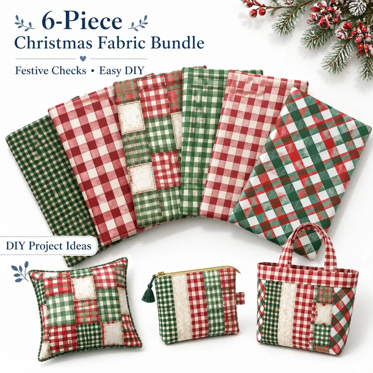 6pcs(45*50cm)Fat Quarter Combination Christmas Gingham Six-Piece Set, Red &Green Country Style Plaid Handmade Patchwork Combination Pack, 100% Polyester Fiber Fabric, Suitable for Handmade Projects, Personalized Wallets, Holiday Home Decor, Craft Supplies