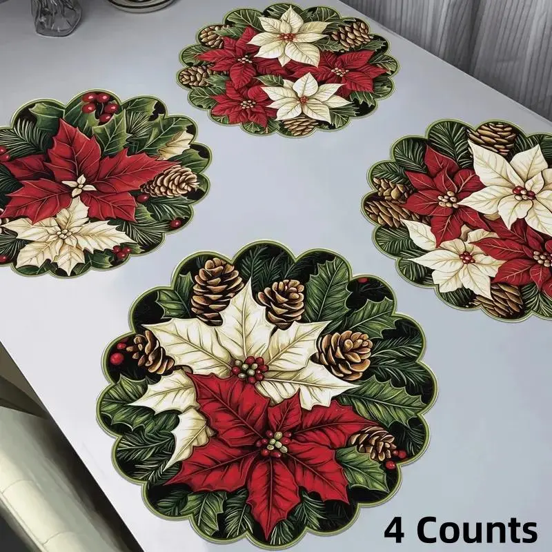 4 Counts Winter floral and pine cone patterned circular wave placemat, winter decorative placemat, non slip fabric placemat, heat-resistant, winter restaurant and party decoration, Table Placemats