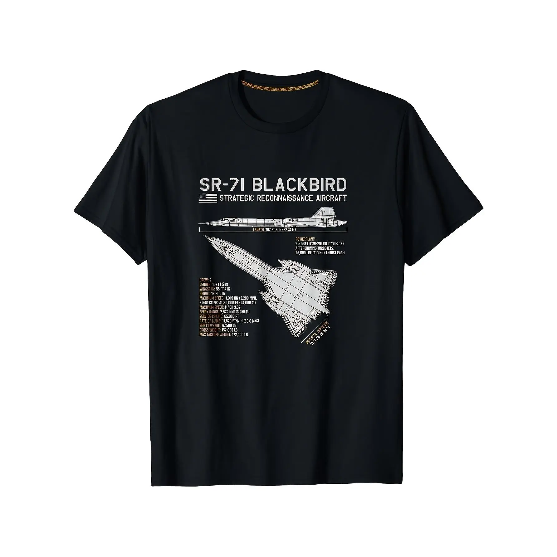 Unisex 100% Cotton Short-Sleeve Top - SR-71 Blackbird T-1, Reconnaissance Aircraft Blueprint Print, Vintage Aviation Style, Round Neck, Machine Washable, Detailed Specs, Casual Wear, Aviation Enthusiast Gift (Sizes S-2XL), Shortsleeve, Unisex Cut