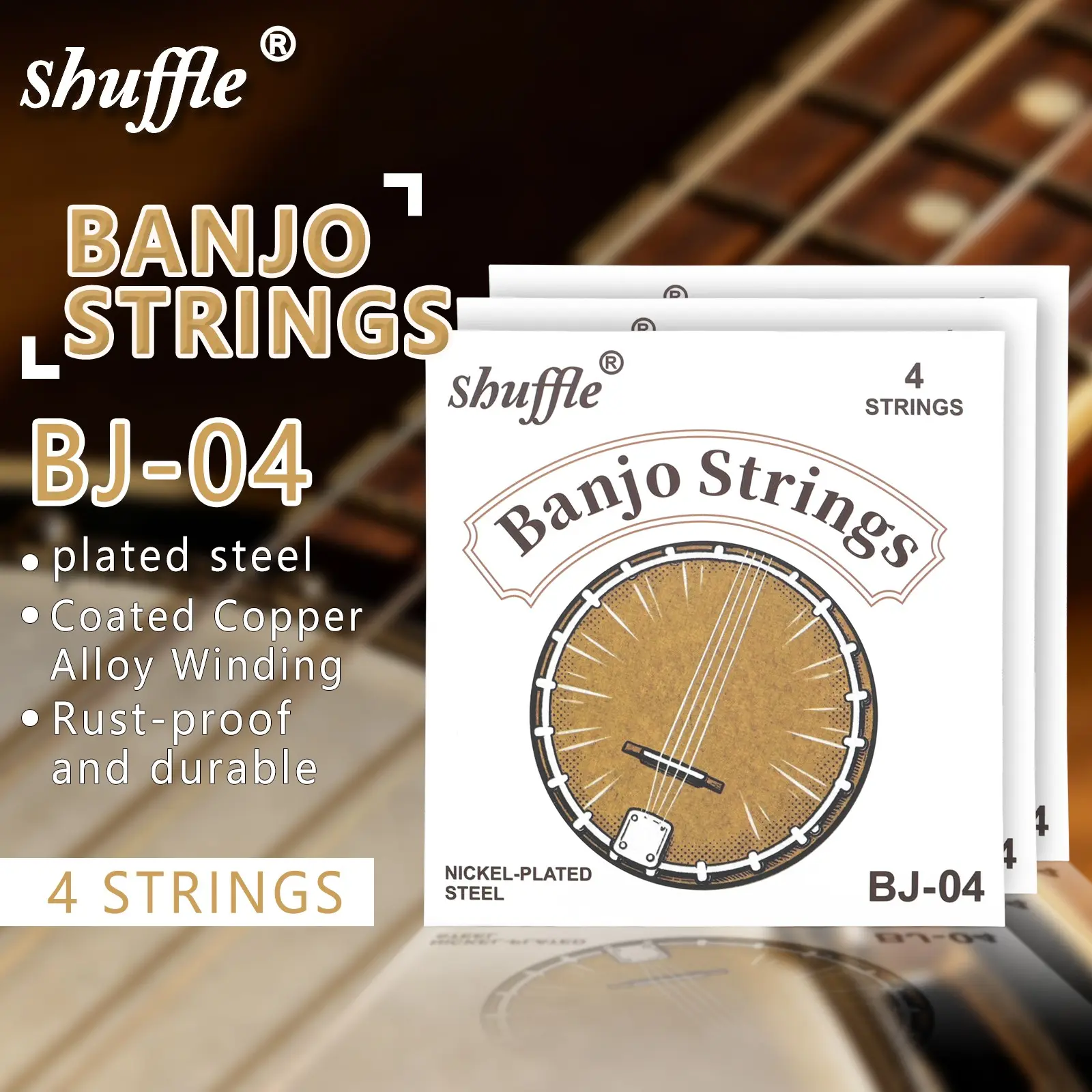 Shuffle Bj04 4-String Banjo Strings, Phosphor Bronze + Alloy Material, Durable & High-Quality Musical Accessories, Perfect for Banjo Players