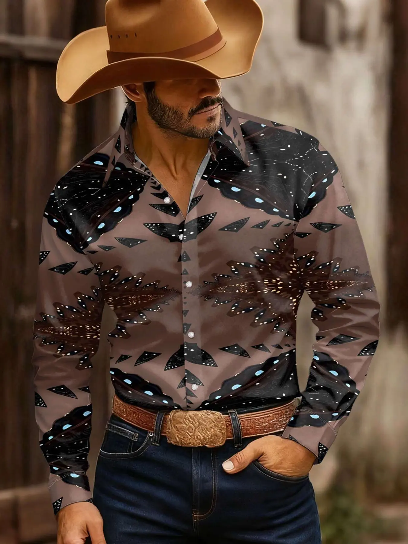 Men's Vintage Western Shirt, Graphic Print Long Sleeve, Casual Loose-Fitting Top, Fashion Trendy Men's Clothing, Spring & Fall