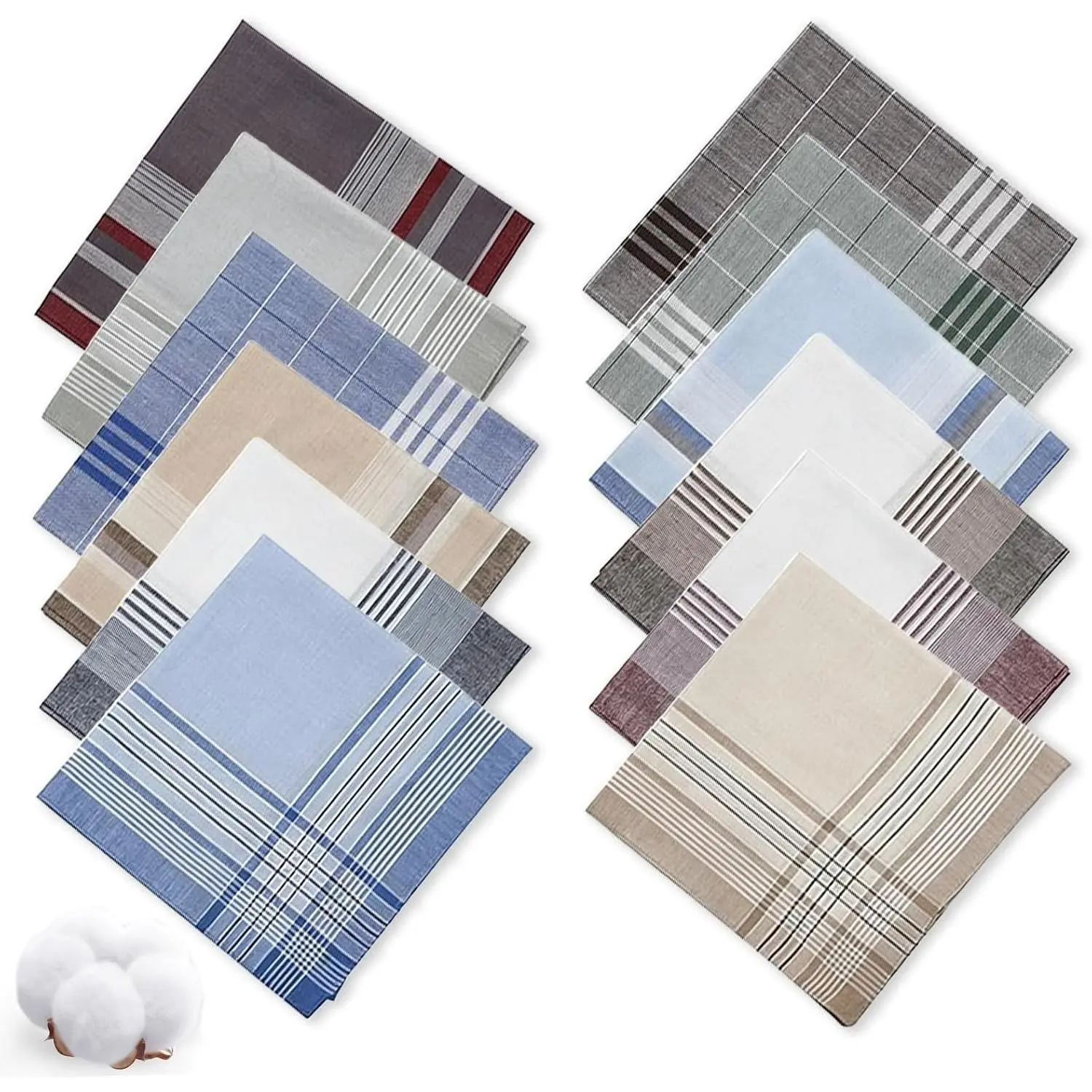 12 Pack Men's Classic Handkerchiefs, 100% Soft Cotton Hankies with Assorted Check Patterns, Reusable 16 x 16 Inches, 16X16 In, Daily Use, Pocket Hanky