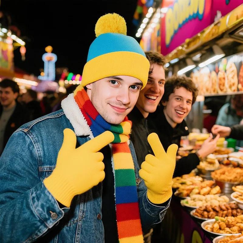 2pcs Cosplay Funny Beanie Hat and Gloves,Character Park Winter Warm Knit Hat Winter Christmas Costume Accessories for New Years