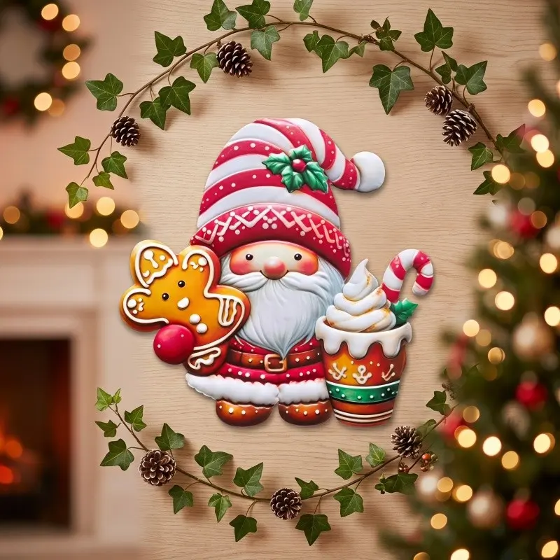 New Iron Art Santa Claus Ice Cream Wall Decor, Gingerbread Man Candy Dwarf Metal Hanging, Holiday Entry Party Atmosphere Ornament, Christmas Decoration
