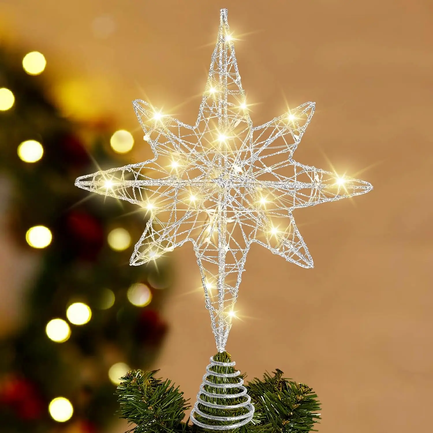 Christmas Tree Topper 13.5” Silvery  Tree Toppers with 20 LED Lights for Christmas Tree Decorations, Xmas  Ornament for  Year Holiday  Office Indoor