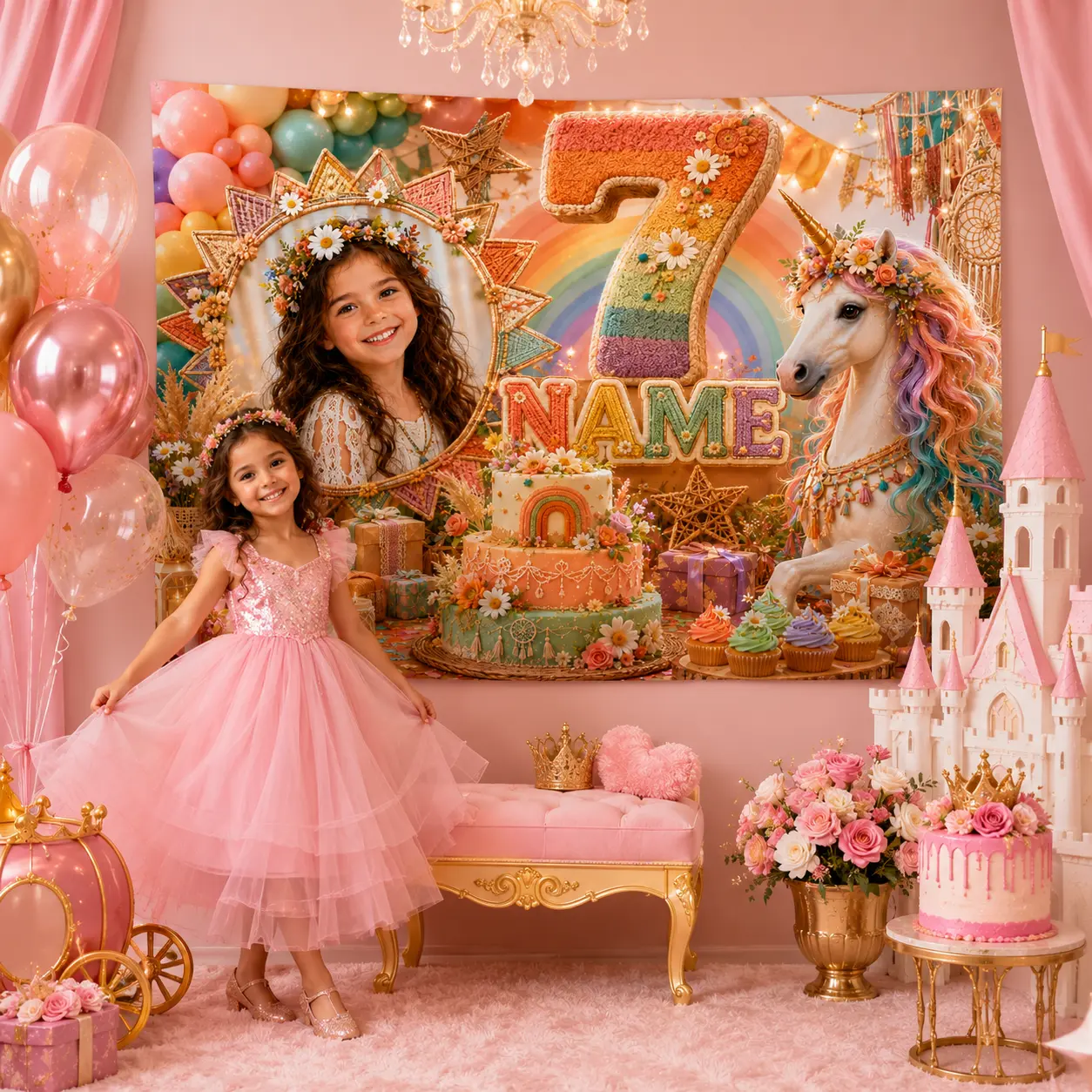 Personalized Boho 7th Birthday Backdrop - Festive Party Decor with Photo, Name, Rainbow, Floral Daisies, Unicorn, and Cake for Home & Party Supplies