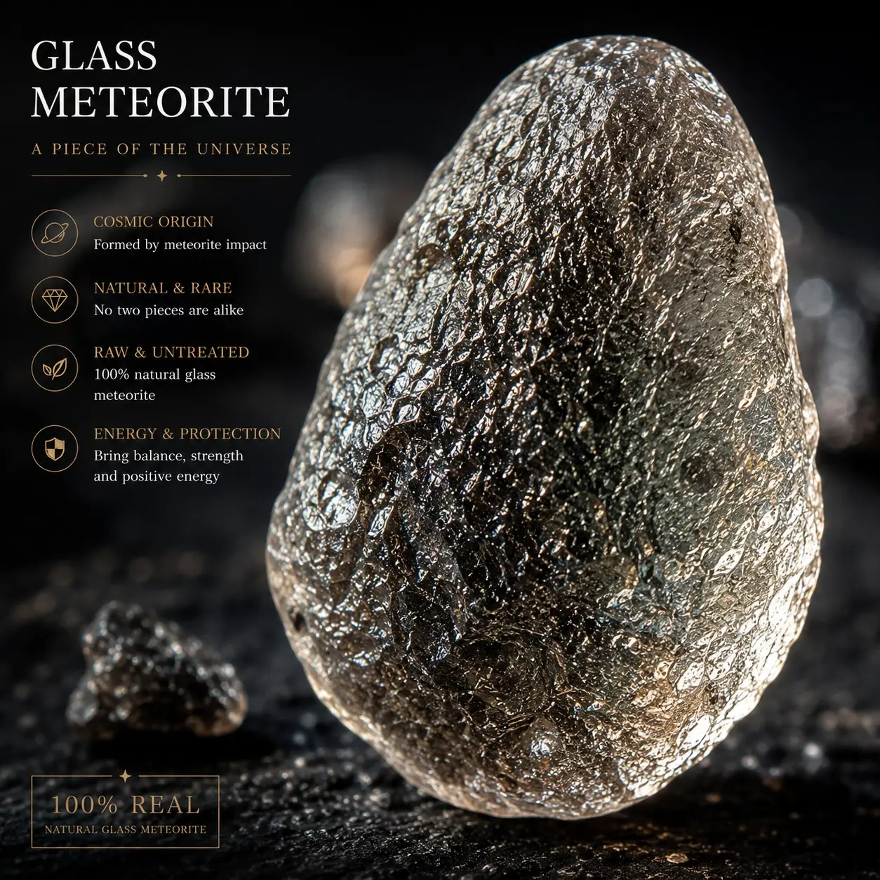 A Gift from the Cosmos: A Natural Tektite Specimen—a unique, cosmic crystal gift for that special someone. A high-vibrational impact glass crystal for energy healing; a stone of balance and protection. Shine a bright light on it for a delightful surprise.