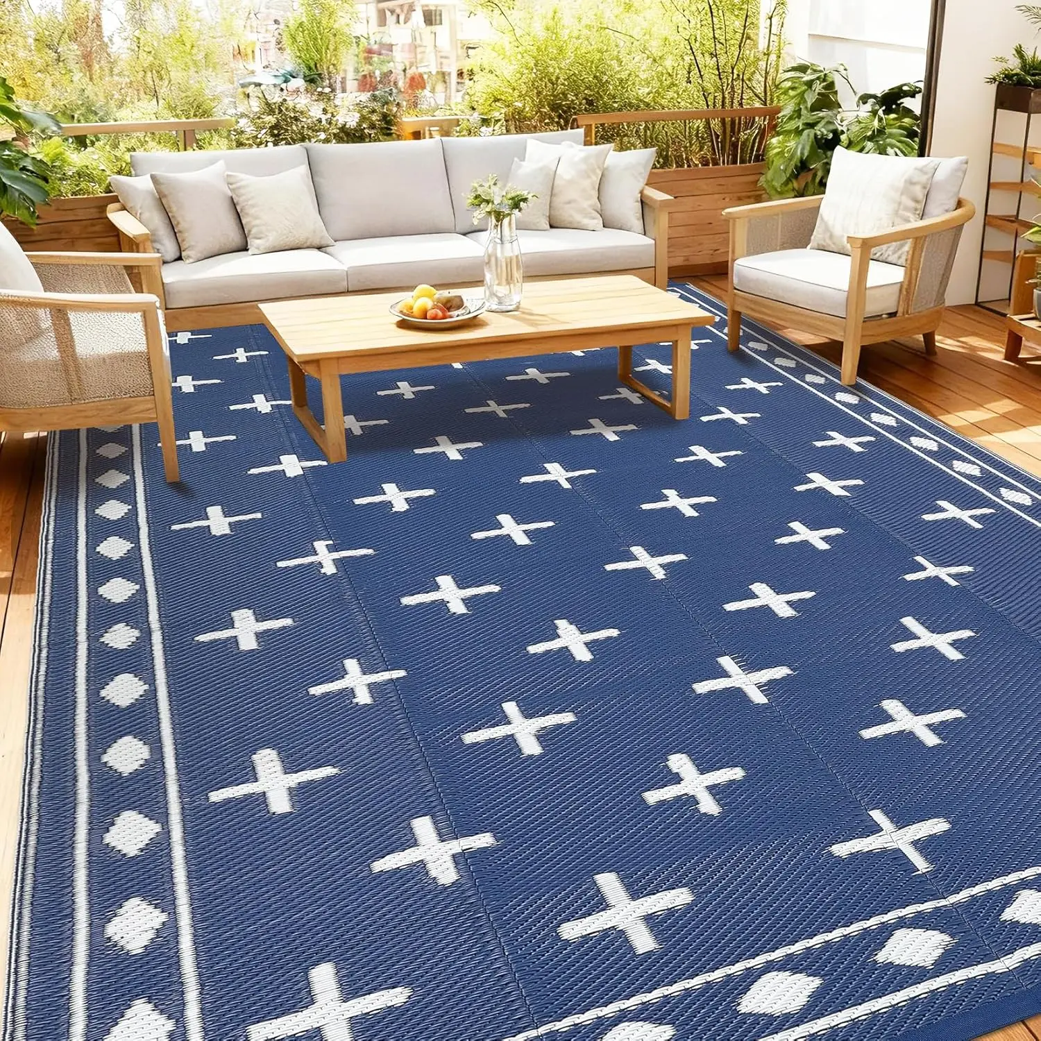 Outdoor Patio Rug - Waterproof, Geometric, Stain-Resistant Modern Reversible Plastic Straw Carpet for RV Deck, Camping, Navy/Blue