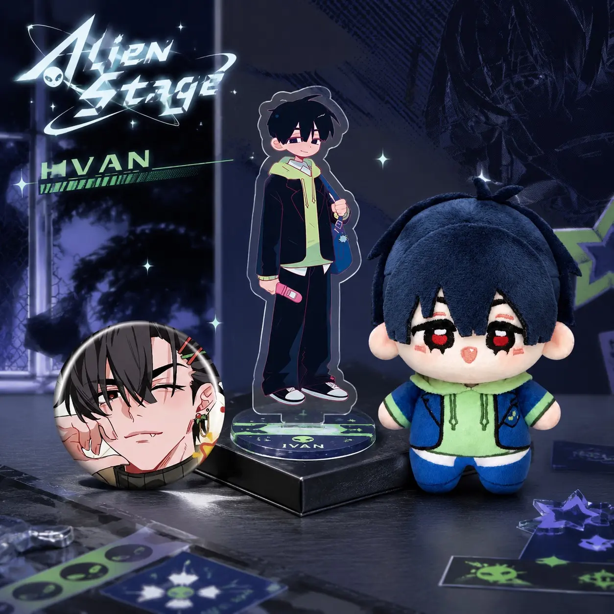 3-Piece Alien Stage Plush Set, 10cm Cute Anime Stuffed Toys, Includes Plushie, Badge, Stand, Soft Touch, Cuddly Doll Gift, Birthday Gift, Room Decor