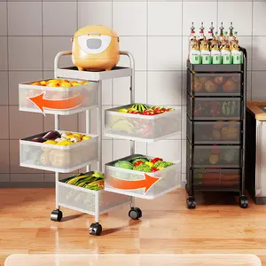 5-Tier Rotating Kitchen Storage Cart – Thickened Carbon Steel Utility Rack with Top Lid & Wheels, No Assembly Mobile Produce Organizer for Fruit, Veggies, Bathroom & Living Room