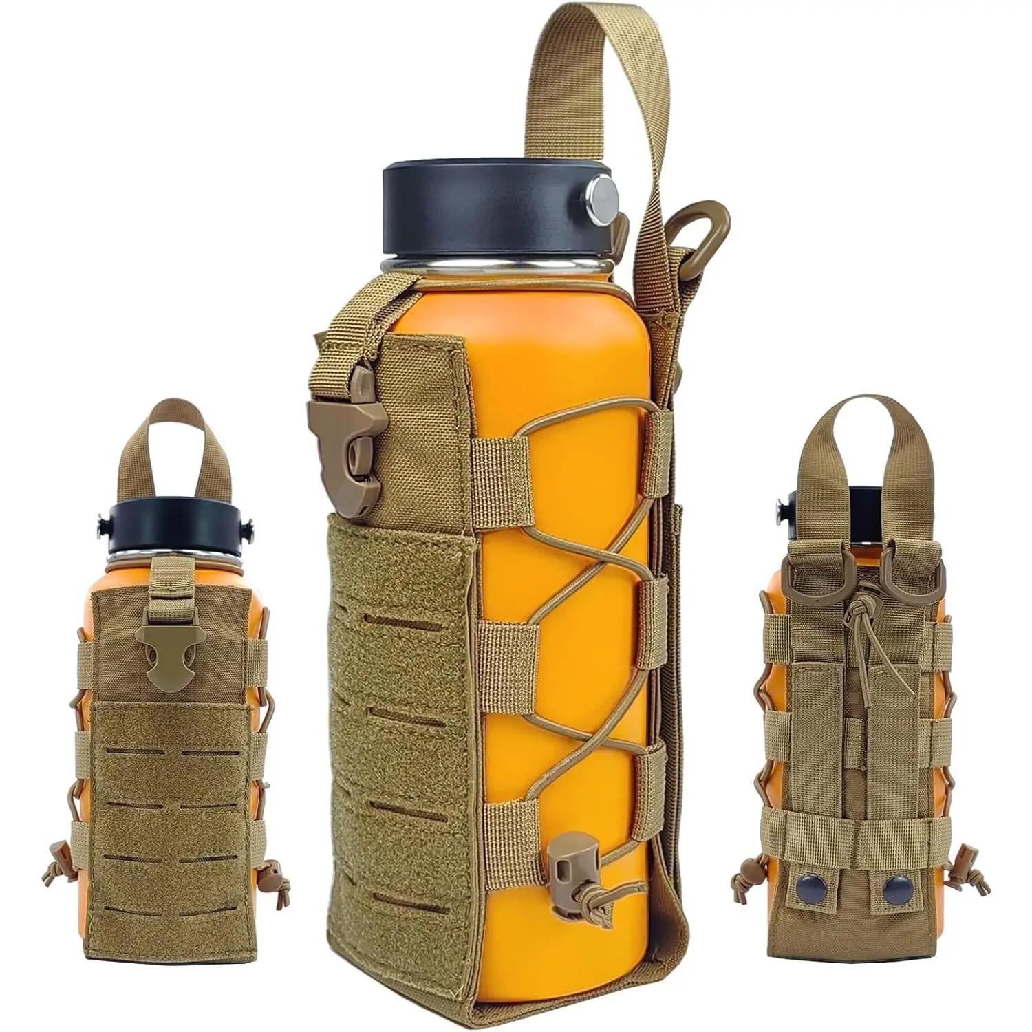 Molle Water Bottle Holder Tactical Pouches Adjustable 16-76 oz Enhanced Dual Pockets Multi Use for Outdoor Sports Fit for Backpack/Vest/Belt/Shoulder Strap (Black, Brown, Green)