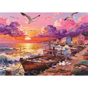 Fishing Boat Ocean Sunset Puzzle for Adults 1000 Piece Beach House Jigsaw | Seaside fishing harbor, Old Boat, Colorful house, Nature landscape, Coastal sunset wall decor