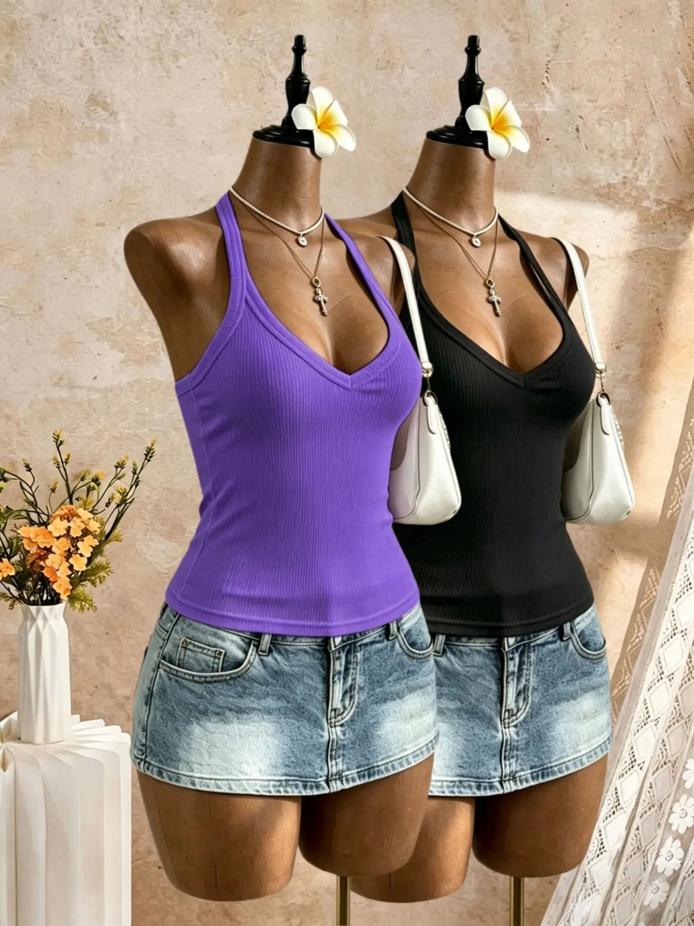 Women's Halter V-Neck Ribbed Tank Top Set, Slim Fit Elastic Casual Sleeveless Short Strap Shirt, Basic Tight Knit Summer Daily Wear