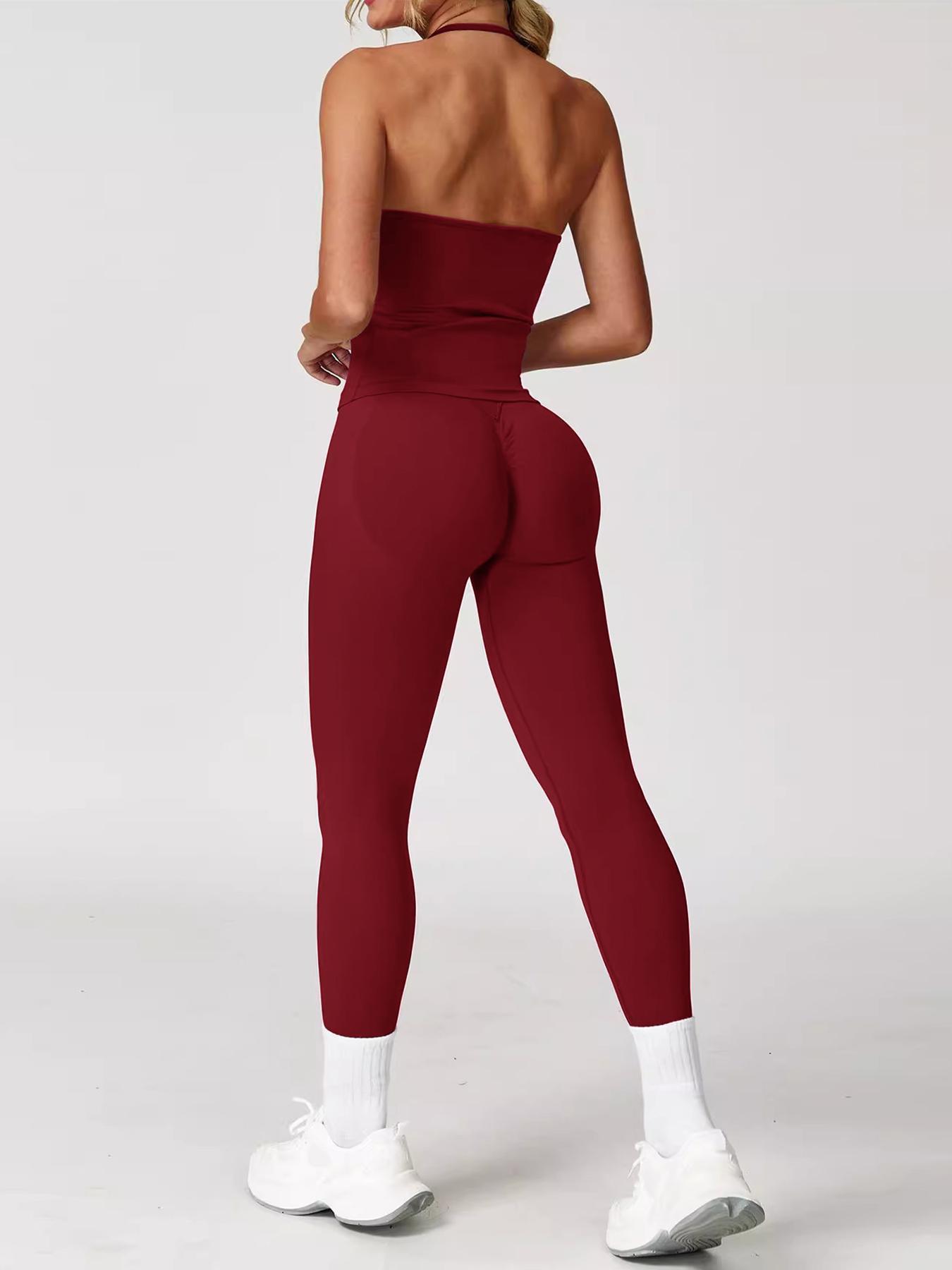 Women's Solid Halter Neck Sports Top & Leggings Set, Sporty Casual Breathable Two-piece Set for Yoga Gym Workout Running, Ladies Sportswear for All Seasons Workout Running Outfits