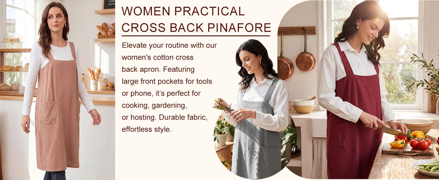 Women's Practical Cross Back Pinafore Apron with Large Pockets Home Kitchen,Restaurant,Coffee House,Cooking,Gardening clothes earthy