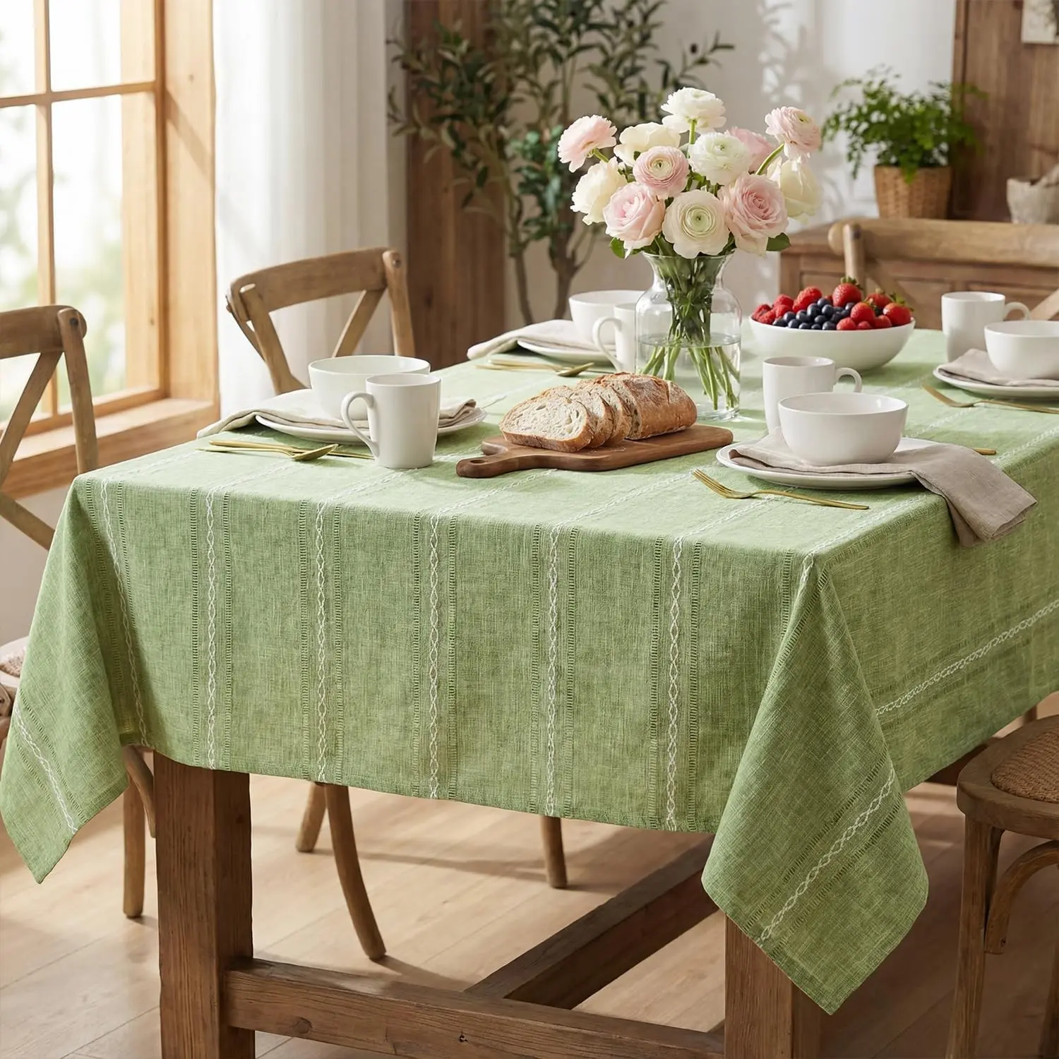 Sage Green Cotton Blend Tablecloth 60×84 Inch Rectangular, Farmhouse Style, Wrinkle Resistant Washable Table Cloth, Hemstitched Embroidery Table Cover for Home