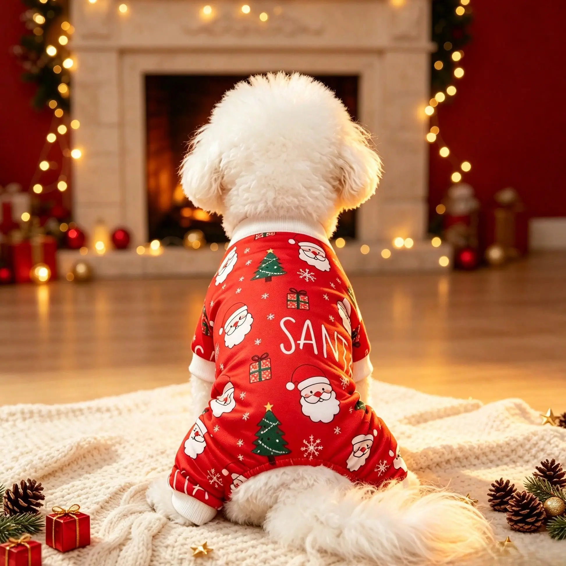 Christmas Dog Pajamas Puppy Clothes Four-Legged Jumpsuit Pet Clothes, Cute Santa Claus Face and Christmas Trees Print Dog Romper with White Ribbed Trim Soft Fleece Sleepwear Xmas Holiday Costume For Small Medium Large Dogs