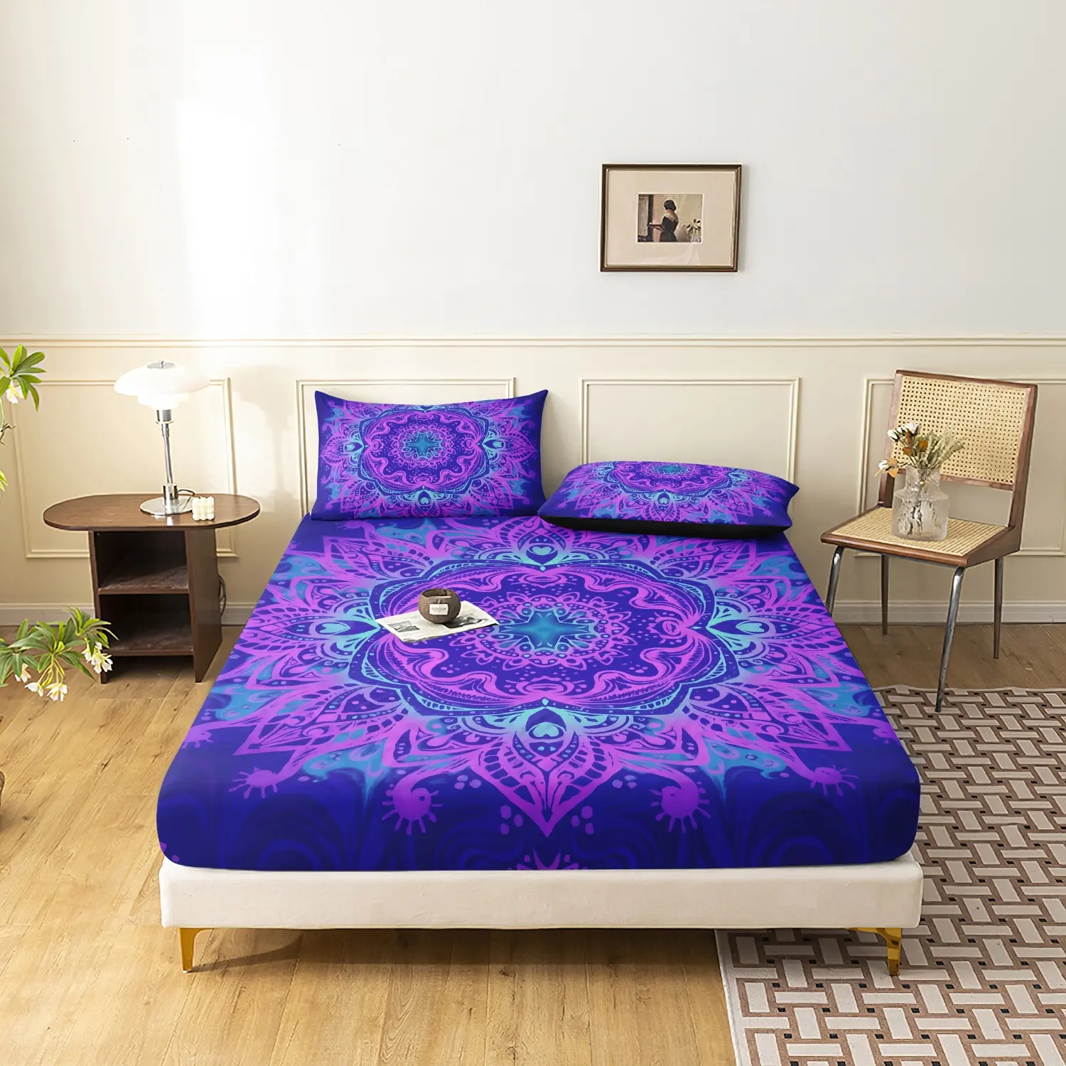 3 Pieces Purple Blue Mandala Fitted Sheet Set, Bohemian Hippie Large Gradient Floral Mandala Printed Bedding, Bed Linens, Multiple Sizes Available (1 Fitted Sheet + 2 Pillowcases, No Pillow)