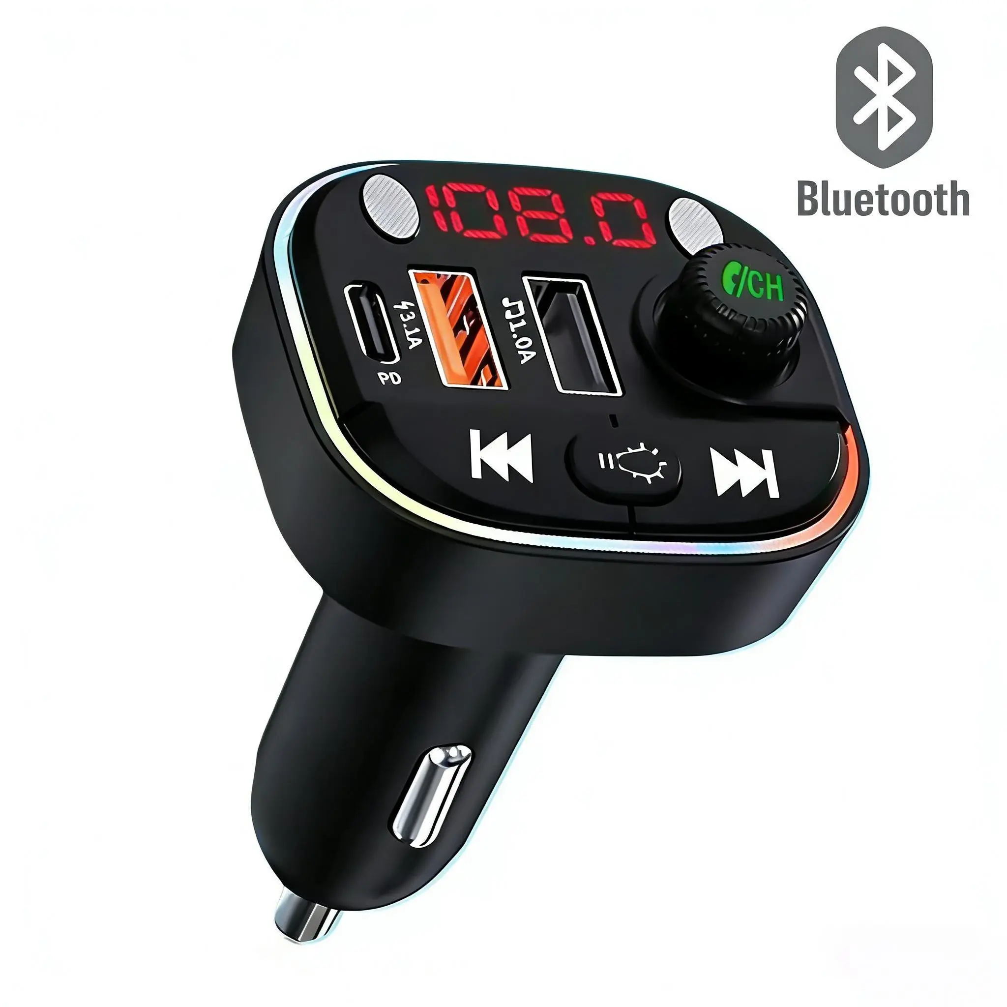 Automobile Adapter, Car Converter with USB-C Bluetooth, Wireless Handsfree Calling, FM Transmitter Radio Receiver, Type C Charging, 7-Color Backlit Car Audio Music Stereo Player