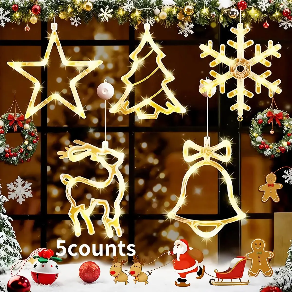 5 Christmas LED Window Decor Lights Battery Operated Silhouette Curtain Lamp with Suction Cup Glowing Bells Reindeer Snowflake Star Patterns