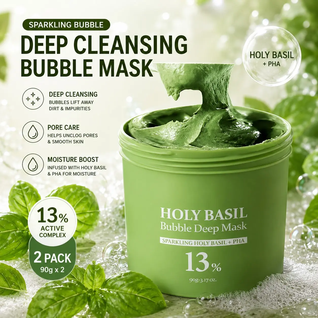 2 Pack 90g Holy Basil Bubble Deep Cleansing Mask, PHA Face Mask for Pore Care, Hydrating & Moisturizing Skincare for All Skin Types