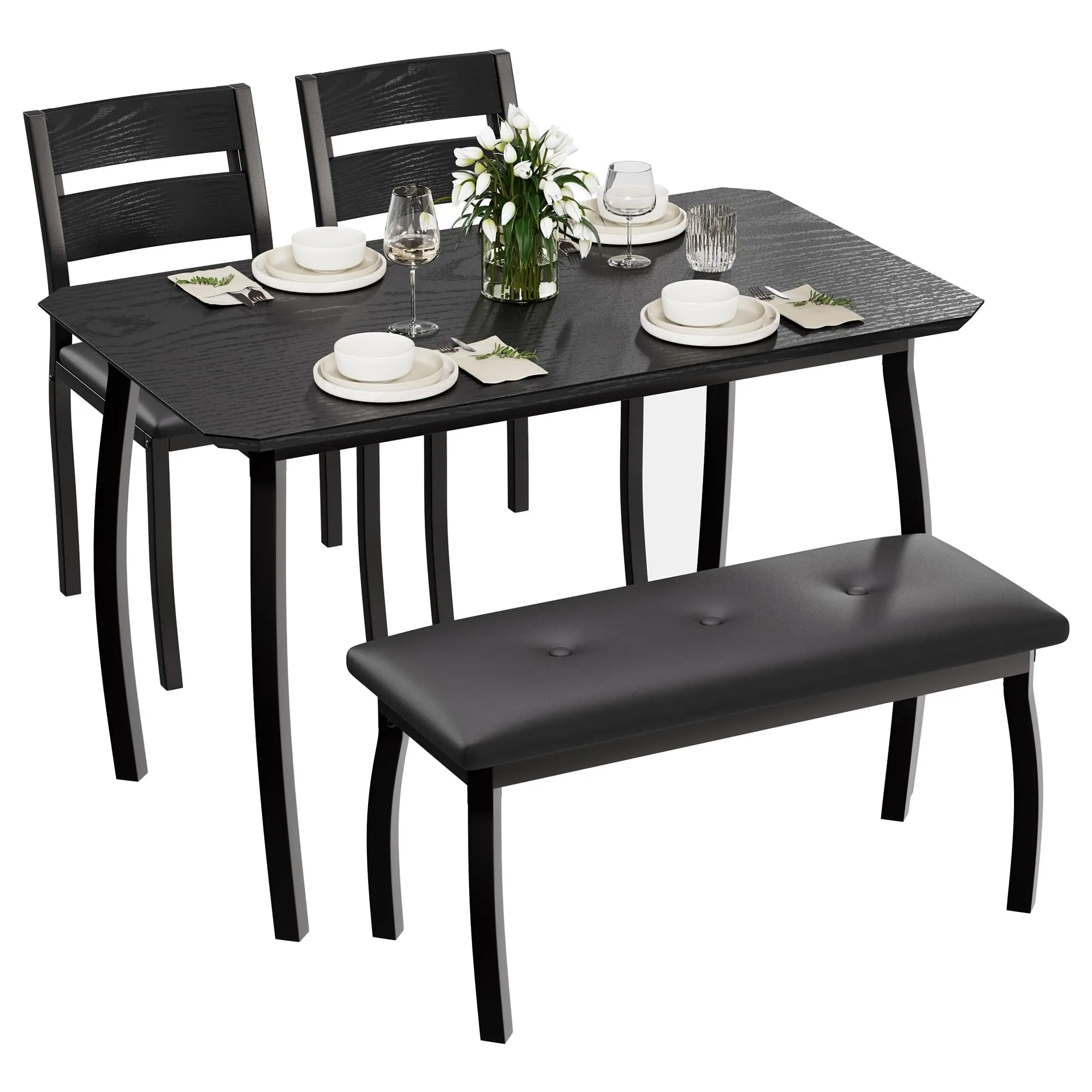 Garvee dining table set for 4 people, sturdy wooden kitchen table with chamfer design and metal legs, padded bench & 2 classic dining chairs, kitchen and dining group for home, dinner