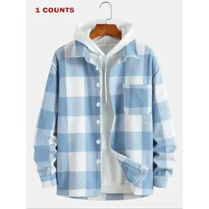 Men's Plaid Print Button Front Jacket without Hoodie, Loose Casual Drop Shoulder Long Sleeve Collar Outerwear for Fall & Winter, Men's Clothes for Daily Wear