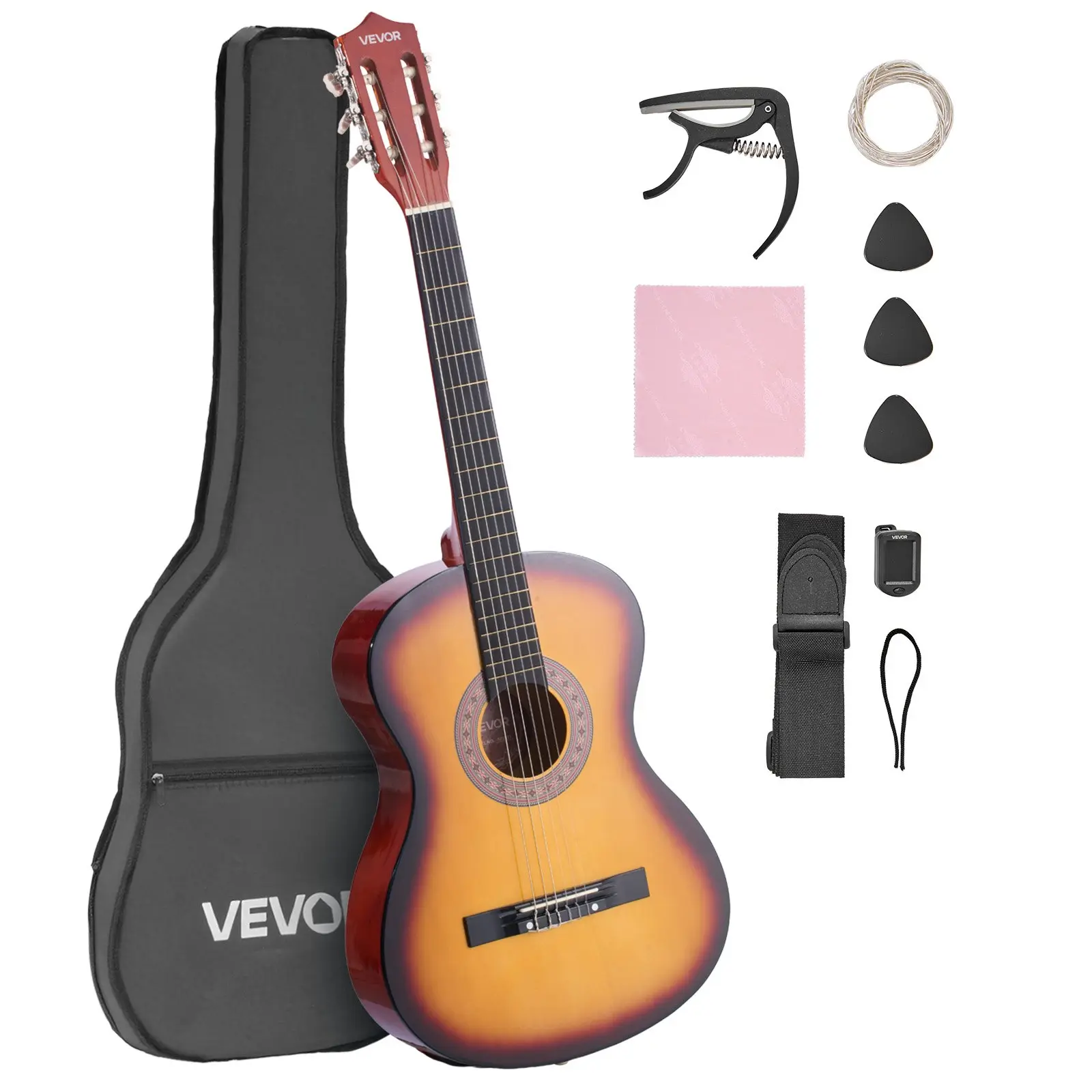 VEVOR Classical Guitar, 38 Inch, Wood Classical Guitar Starter Kit for Beginners, with Nylon Strings, Gig Bag, Strap, Tuner, Extra String, Pick, Capo, Basswood, for Teenagers Adults Students, Sunburst,dorm essentials,home decor