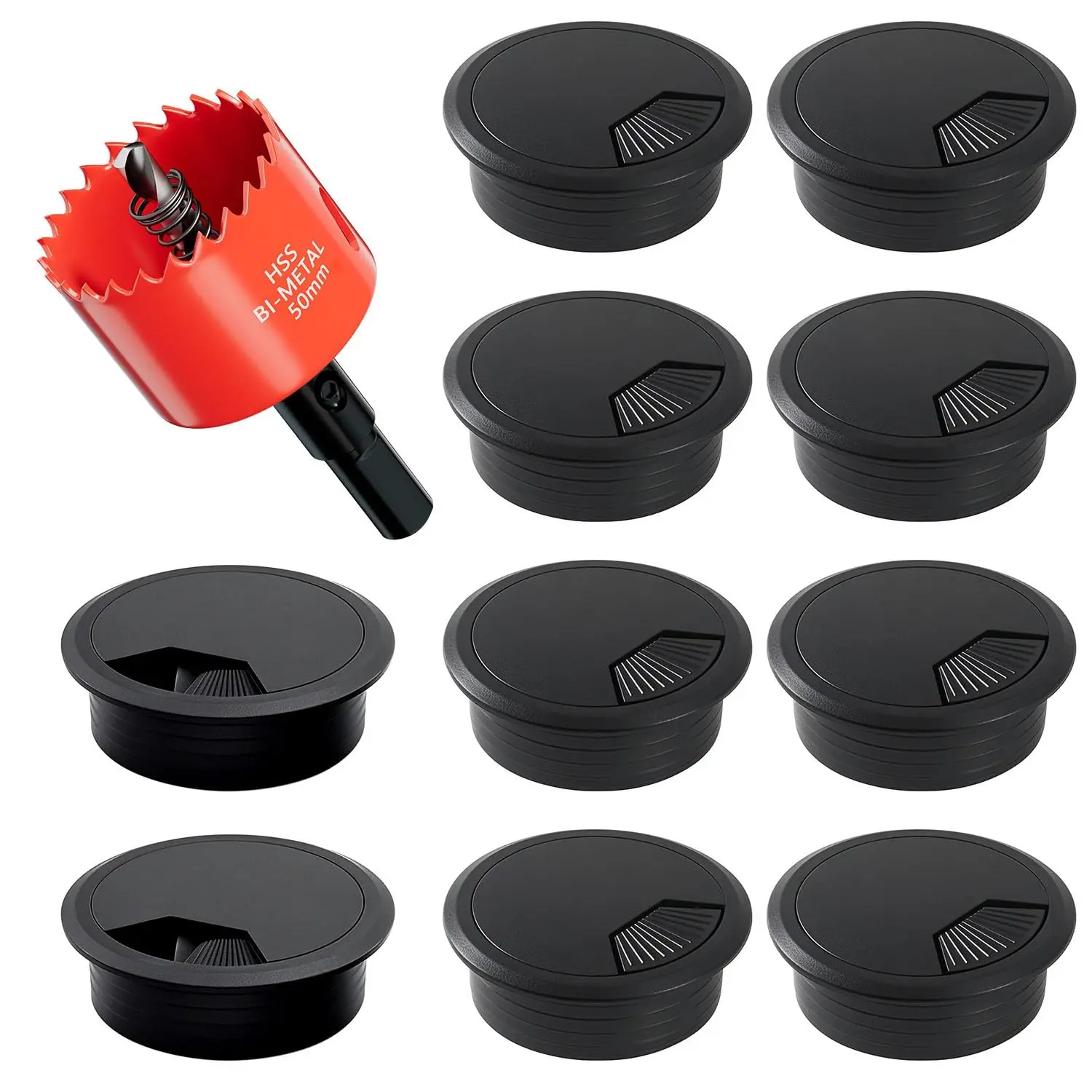 10 Pack 2 Inch (50mm) Black Desk Cable Grommet Kit, Desk Hole Cover with Hole Saw, Cable Management Set for Office, TV Stand, Workstation, Easy Wire Hiding & Cable Pass Through