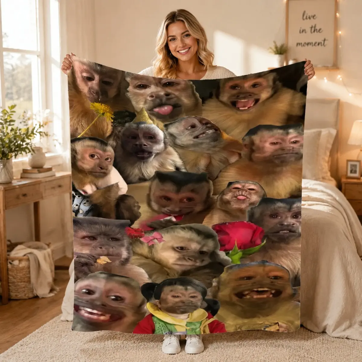 Classic Animal Theme Polyester Fabric Flannel Weave Meme Monkey Collage Throw Blanket, Funny Multi-Expression Print Soft Blanket for Home & Travel, Trendy Novelty Gift for Meme Fans