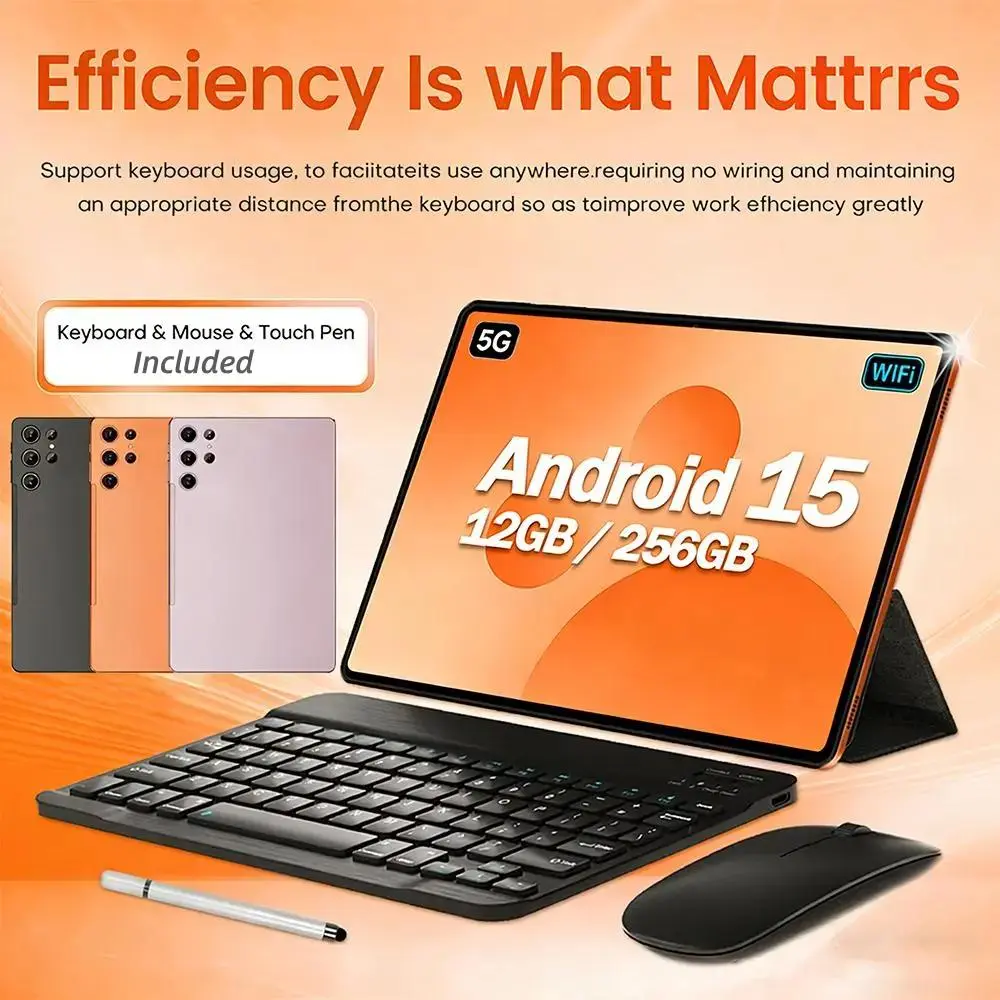 W&O 2026 Android 15, 11-inch Tablet, 12GB RAM + 256GB Expandable Storage, Large HD Screen, 10000mAh Battery, 5G WiFi, Portable Device with Keyboard, Mouse, Case, Stylus, Dual Camera, Ideal for School, Work, Valentines Day Gift