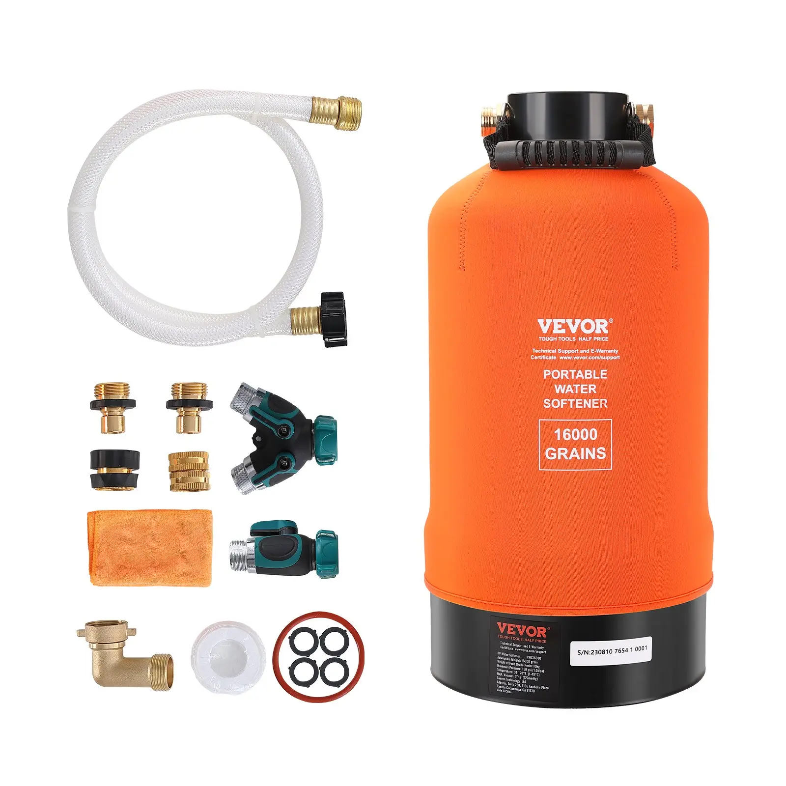 VEVOR RV Water Softener, 16, 000 Grain Portable Water Softener, with 3/4" Brass Fittings and 42" Hose, Soften Hard Water Filter System for RVs, Trailers, Boats, Mobile Car Washing, Pressure Washing