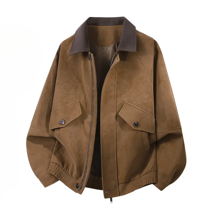 Men's Contrast Collar Faux Suede Long Sleeve Workwear Coat - Menswear Tops, Plain Vintage Fabric, Soft, Skin-Friendly, Breathable, Heat-Retaining, Elastic Cuffed Hem, Suitable for Daily Commute, Street Casual